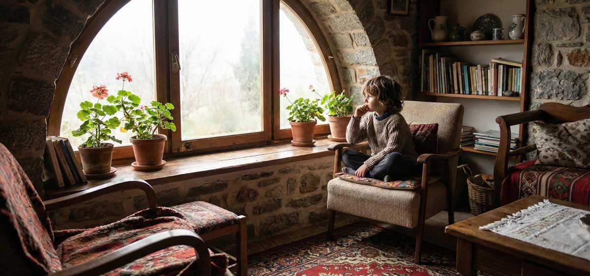 Ένα παιδί κάθεται σκεπτικό σε ένα φωτεινό αλλά ήσυχο δωμάτιο, αναδεικνύοντας τη σημασία της αναγνώρισης της παιδικής κατάθλιψης.